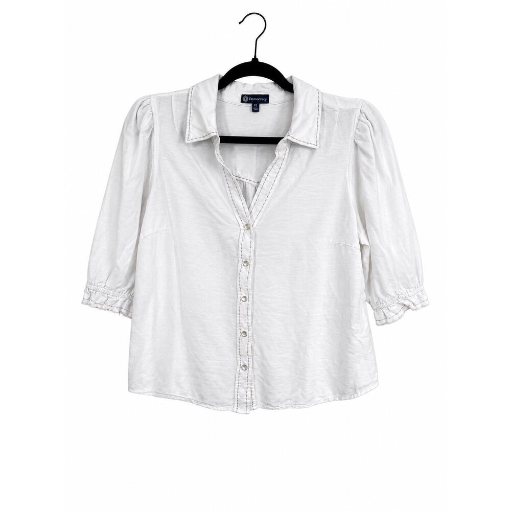 Democracy Womens PLarge White Puff Sleeve Snap Blouse Boho Coastal Cowgirl Rayon